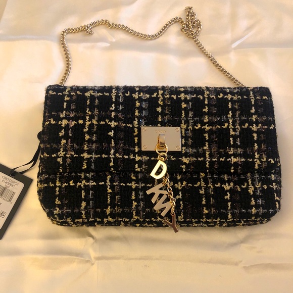 DKNY Cleo Clutch Black & Gold Tweed Gold Tone Chain & Logo Charm NWT - Picture 4 of 10